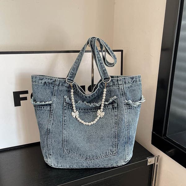 Korean Retro Washed Denim Tote Bag For Women, Large Capacity Casual Shoulder Underarm Bag, Lazy Style Commuter Handbag