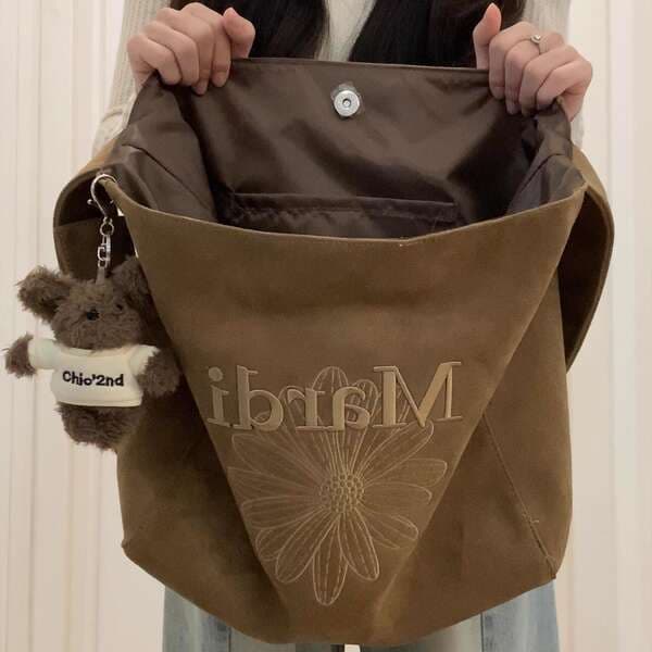 Korean Retro 3D Embroidered Suede Tote Bag For Women - Large Capacity Casual Letter Shoulder & Crossbody Bag For Autumn/Winter