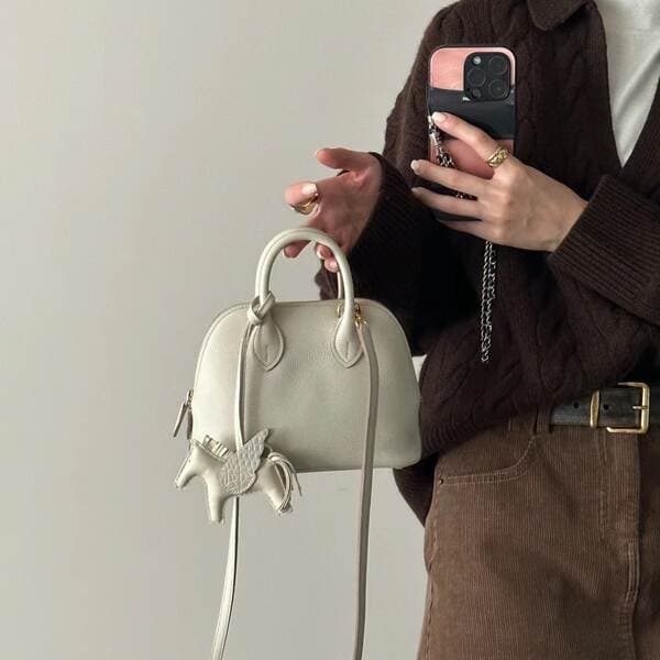 High-End Top Grain Cowhide Mini Bowling Shell Bag For Women - Single Shoulder Handbag Crossbody Bag With Semi-Waxed Thread