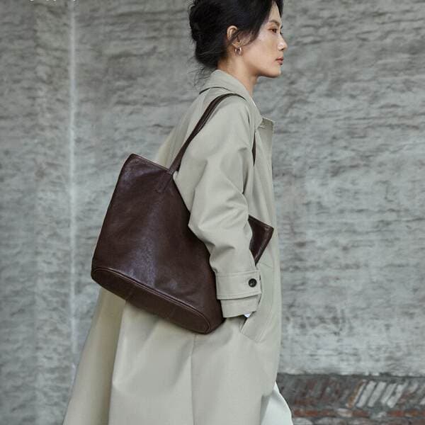 QZ Vegetable-Tanned Top Grain Cowhide Tote Bag for Women - Retro Casual Versatile Underarm Shoulder Bag, Large Capacity Commuter Bag