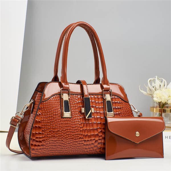 Platinum Shiny Leather Handbag Set With Matching Pouch, Taizhou Women's Crocodile Embossed Shoulder And Crossbody Bag