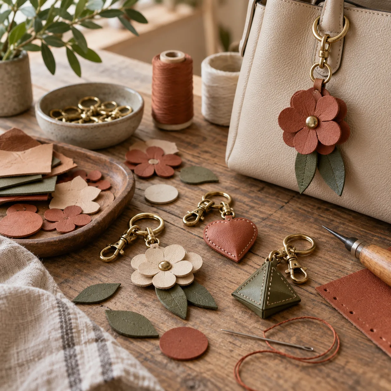 Illustrative leather bag charm making scene