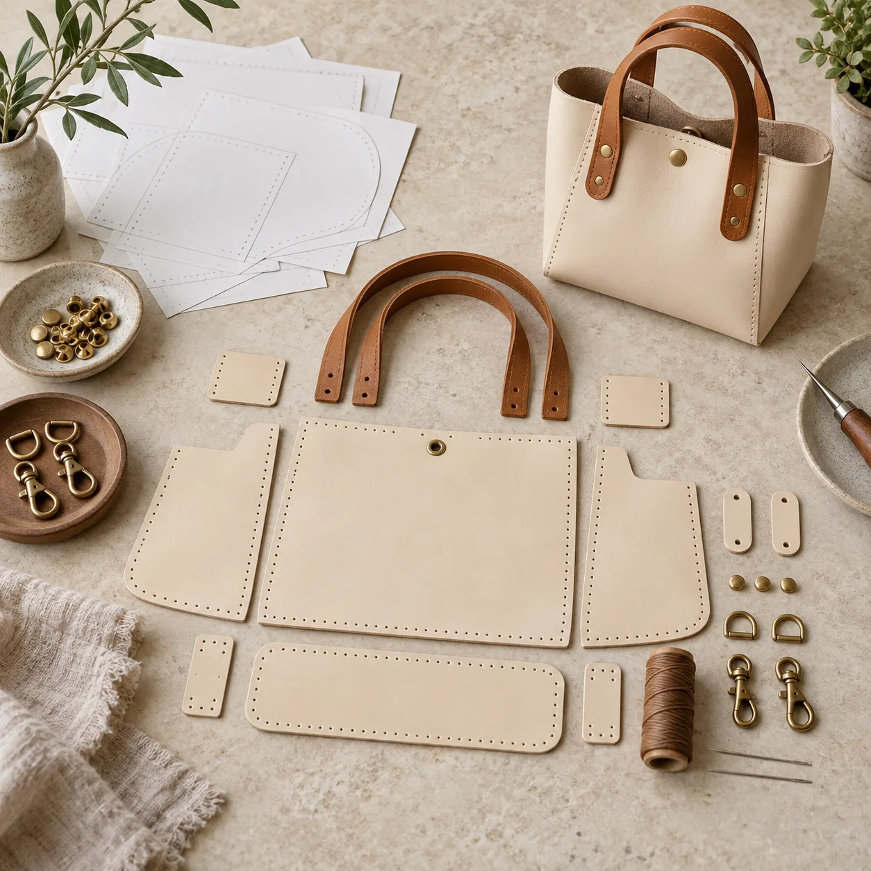 Illustrative leather bag kit flat lay with cut pieces, handles, brass parts and a finished tote