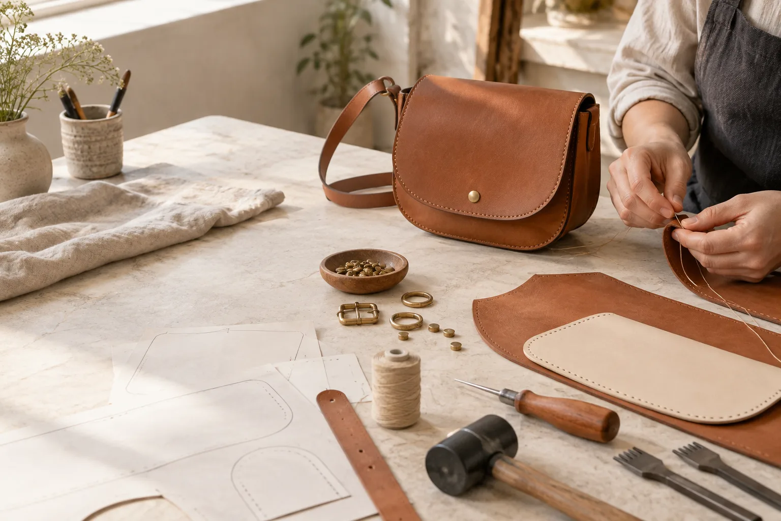 Illustrative leather bag making worktable with cut pieces, brass hardware and a bag in progress